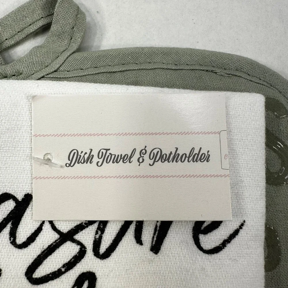 Kitchen Towel And Pot Holder Measure Life With Smiles Green New With Tags